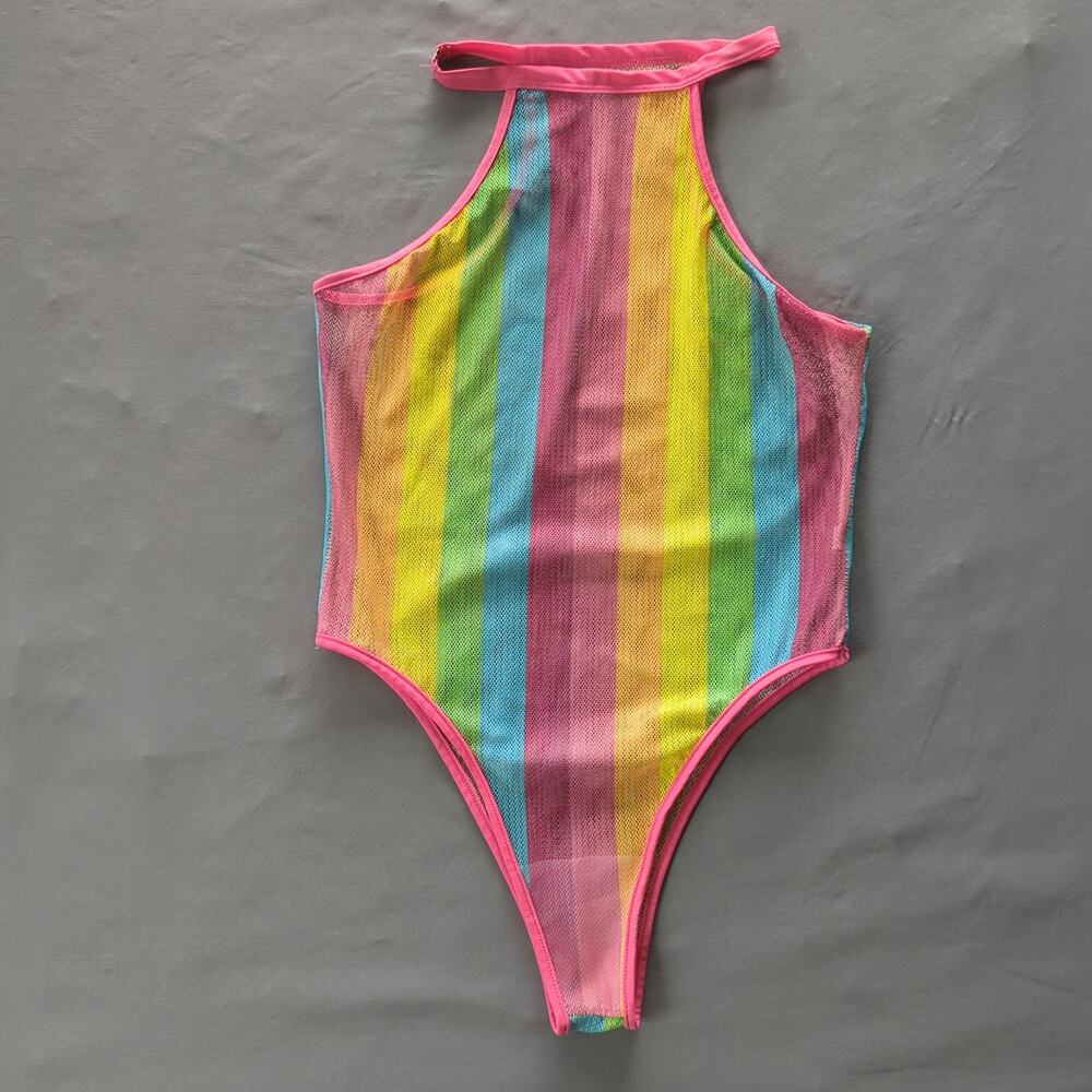 Rainbow Mesh Halter Bodysuit | Size Large | Pride Festival Rave Wear